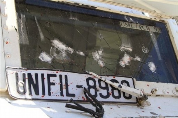  AP Photo  A damaged armored vehicle of the French UN peacekeepers, is seen with blood, in Touline village, south of Lebanon, on Saturday July 3, 2010. A Lebanese military official says southern Lebanese villagers attacked a U.N. patrol with stones and eggs after the peacekeepers detained a villager. An Associated Press photographer saw at least one peacekeeper and one villagers slightly injured.